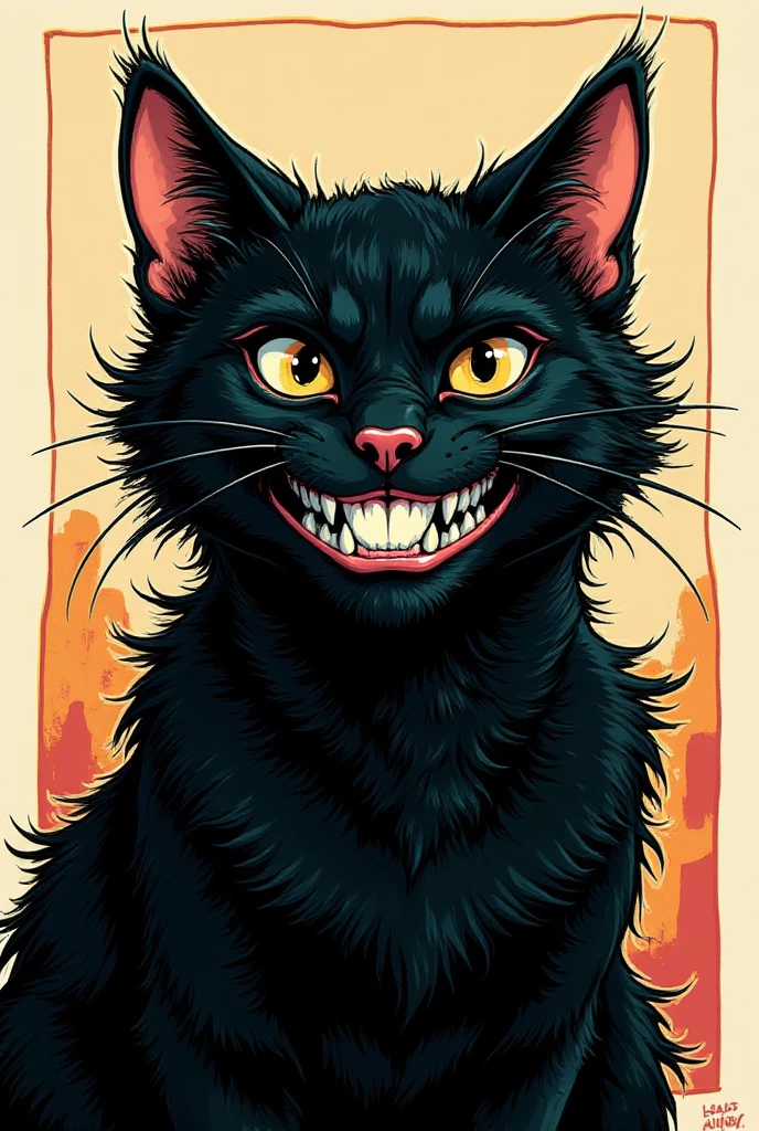 Create A neo- expressionist style painting of a highly stylized, cartoonish black cat with exaggerated cocky facial expression. The overall image has a thick, textured brushstroke style.