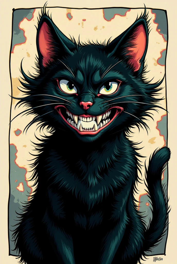 Create A neo- expressionist style painting of a highly stylized, cartoonish black cat with exaggerated cocky facial expression. The overall image has a thick, textured brushstroke style.