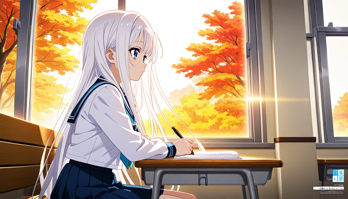 (High quality anime art), (from side, third person perspective), glossy, (Anime girl, white hair, Long hair, Hair flowing in the wind: 0.9, blue eyes, School uniform), (Volumetric lighting, Atmospheric lighting: 1.4, Window, warm lighting), (vibrant color:0.7, Detailed color: 0.9), Autumn day, (sitting on bench, writing on desk, looking to window), detailed indoor bedroom, tidy furniture, and bookshelf, absurdness, 4k, retina, soft line art,