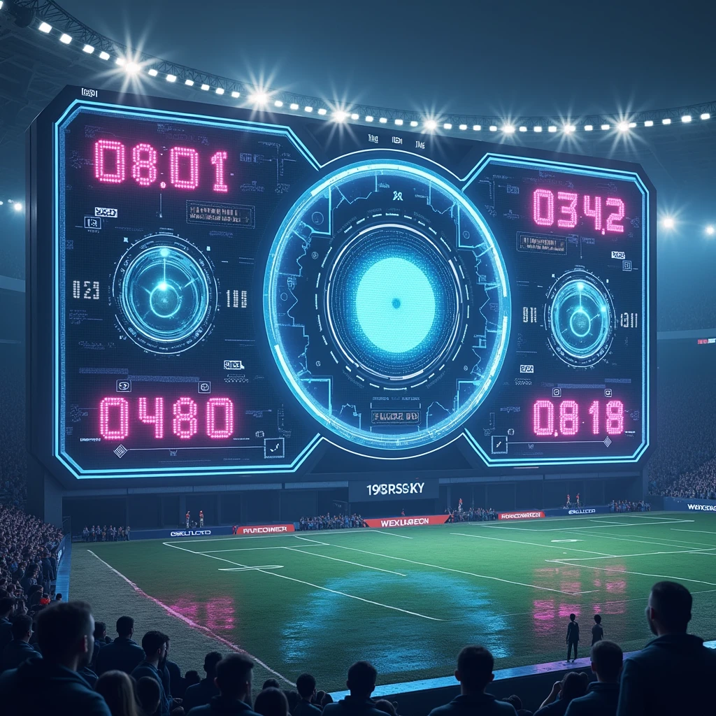 A hyper-realistic close-up view of a futuristic sports scoreboard in a large football stadium at night. The scoreboard is positioned perfectly straight and front-facing, featuring neon lights and holographic effects, with glowing blue and pink digital numbers and a central circular glowing element. A few spectators are visible in the foreground, looking directly at the scoreboard with expressions of curiosity and excitement, enhancing the realistic atmosph