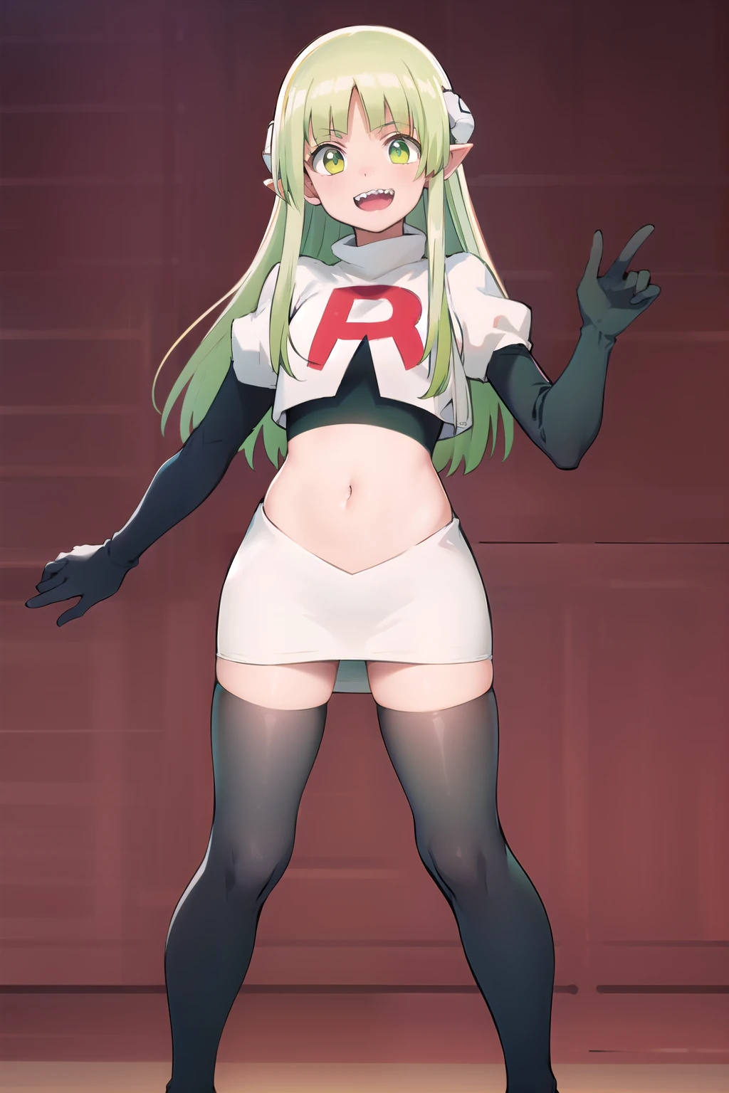 best quality, masterpiece, detailed,
valac clara,
smile, open mouth, sharp teeth,
green hair, long hair, green eyes, horns, pointy ears,
looking at the viewer, team rocket,team rocket uniform,white skirt,red letter R,crop top,black thigh-highs,black elbow gloves