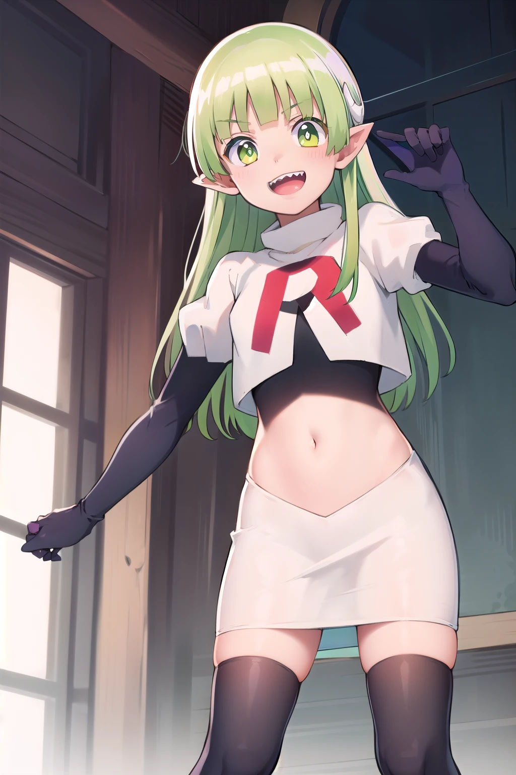 best quality, masterpiece, detailed,
valac clara,
smile, open mouth, sharp teeth,
green hair, long hair, green eyes, horns, pointy ears,
looking at the viewer, team rocket,team rocket uniform,white skirt,red letter R,crop top,black thigh-highs,black elbow gloves