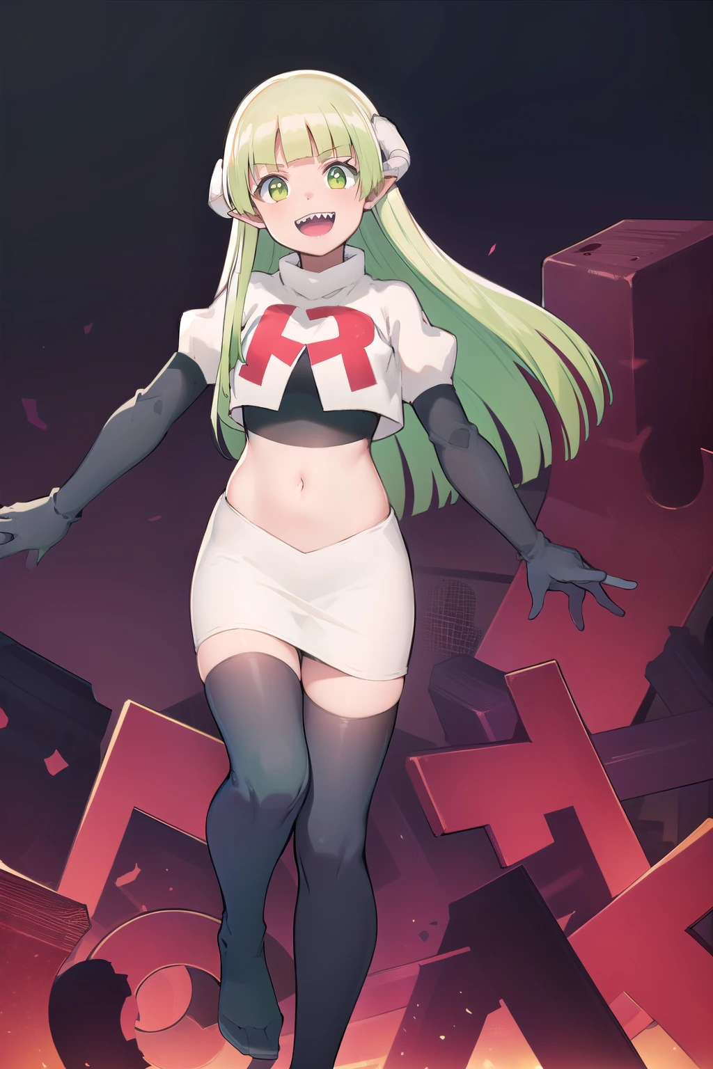 best quality, masterpiece, detailed,
valac clara,
smile, open mouth, sharp teeth,
green hair, long hair, green eyes, horns, pointy ears,
looking at the viewer, team rocket,team rocket uniform,white skirt,red letter R,crop top,black thigh-highs,black elbow gloves