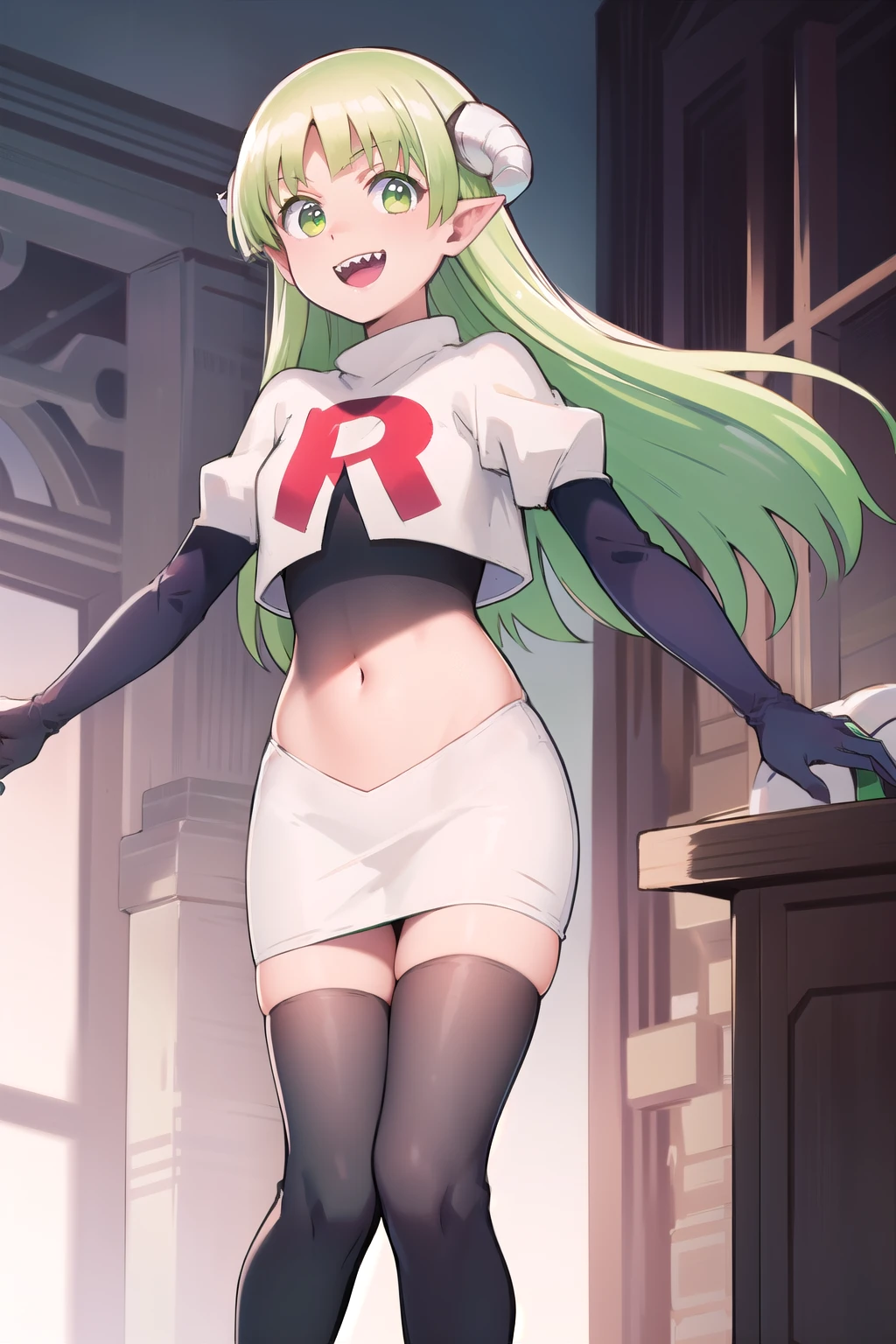 best quality, masterpiece, detailed,
valac clara,
smile, open mouth, sharp teeth,
green hair, long hair, green eyes, horns, pointy ears,
looking at the viewer, team rocket,team rocket uniform,white skirt,red letter R,crop top,black thigh-highs,black elbow gloves