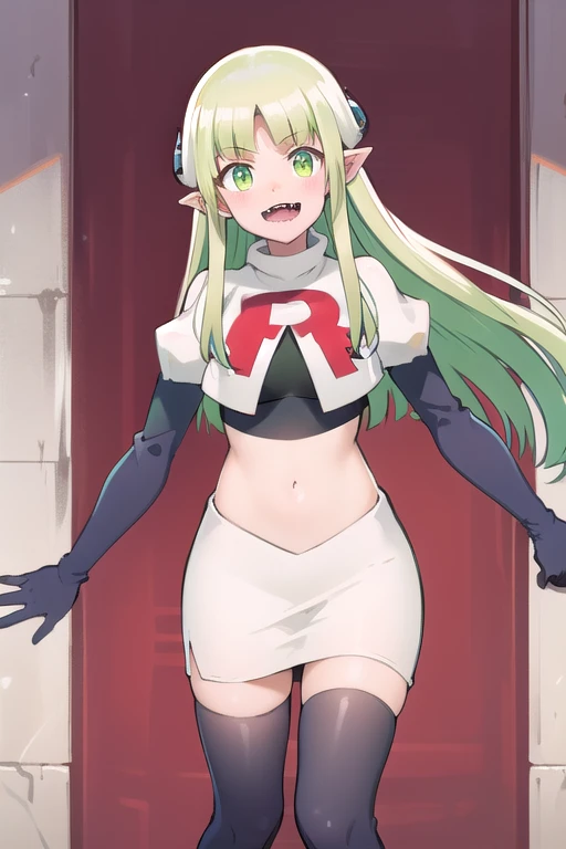 best quality, masterpiece, detailed,
valac clara,
smile, open mouth, sharp teeth,
green hair, long hair, green eyes, horns, pointy ears,
looking at the viewer, team rocket,team rocket uniform,white skirt,red letter R,crop top,black thigh-highs,black elbow gloves