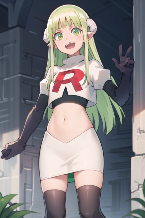 best quality, masterpiece, detailed,
valac clara,
smile, open mouth, sharp teeth,
green hair, long hair, green eyes, horns, pointy ears,
looking at the viewer, team rocket,team rocket uniform,white skirt,red letter R,crop top,black thigh-highs,black elbow gloves