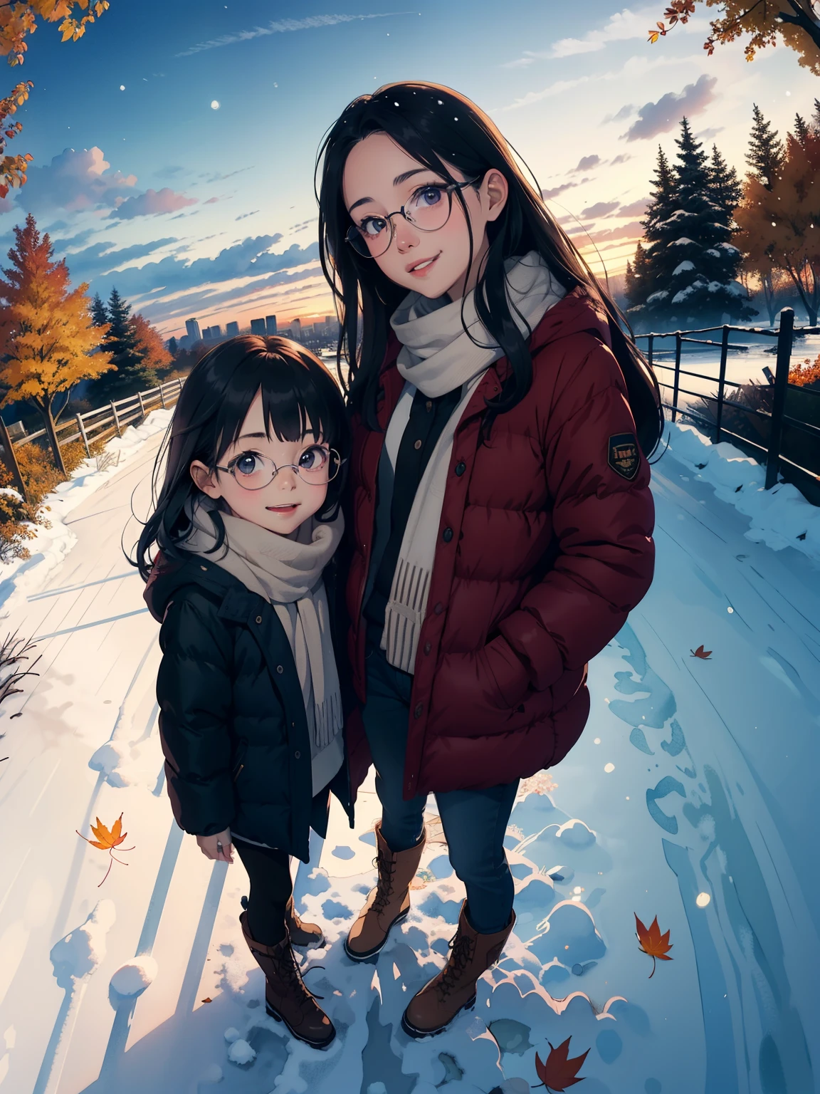 masterpiece，top quality，  high image quality，( super flat ， flat shading   )，Glasses， beautiful dark hair，  fisheye lens，A cute raised pig is a ite young mother and her cute litughter:1.25，  warm scarf ， Down Jacket，(naked)，  long hair，   boots，smile, smile，   White Breath，fun, play，Overlooking the city in autumn from the park garden， autumn leaves，Snow Scene，Autumn sky，At dusk，Beautiful sunset ，Wide angle，  bright color，watercolor,   Ghibli style，Strong winds，Girl Temptation，  girl  &#39;Lure，