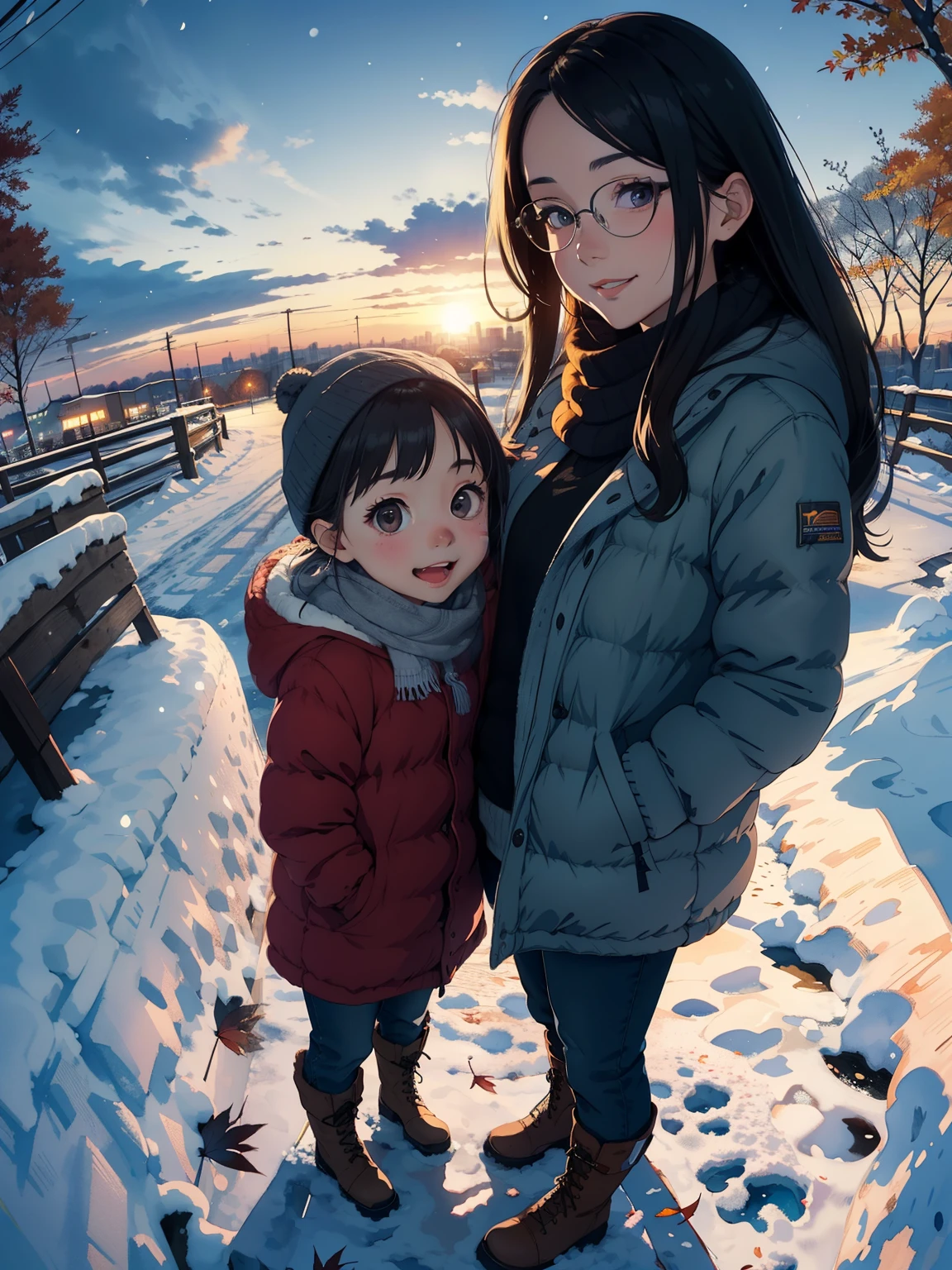 masterpiece，top quality，  high image quality，( super flat ， flat shading   )，Glasses， beautiful dark hair，  fisheye lens，A cute raised pig is a ***ite young mother and her cute ****** daughter:1.25，  warm scarf ， Down Jacket，(naked)，  long hair，   boots，smile, smile，   White Breath，fun, play，Overlooking the city in autumn from the park garden， autumn leaves，Snow Scene，Autumn sky，At dusk，Beautiful sunset ，Wide angle，  bright color，watercolor,   Ghibli style，Strong winds，Girl Temptation，  girl  &#39;Lure，