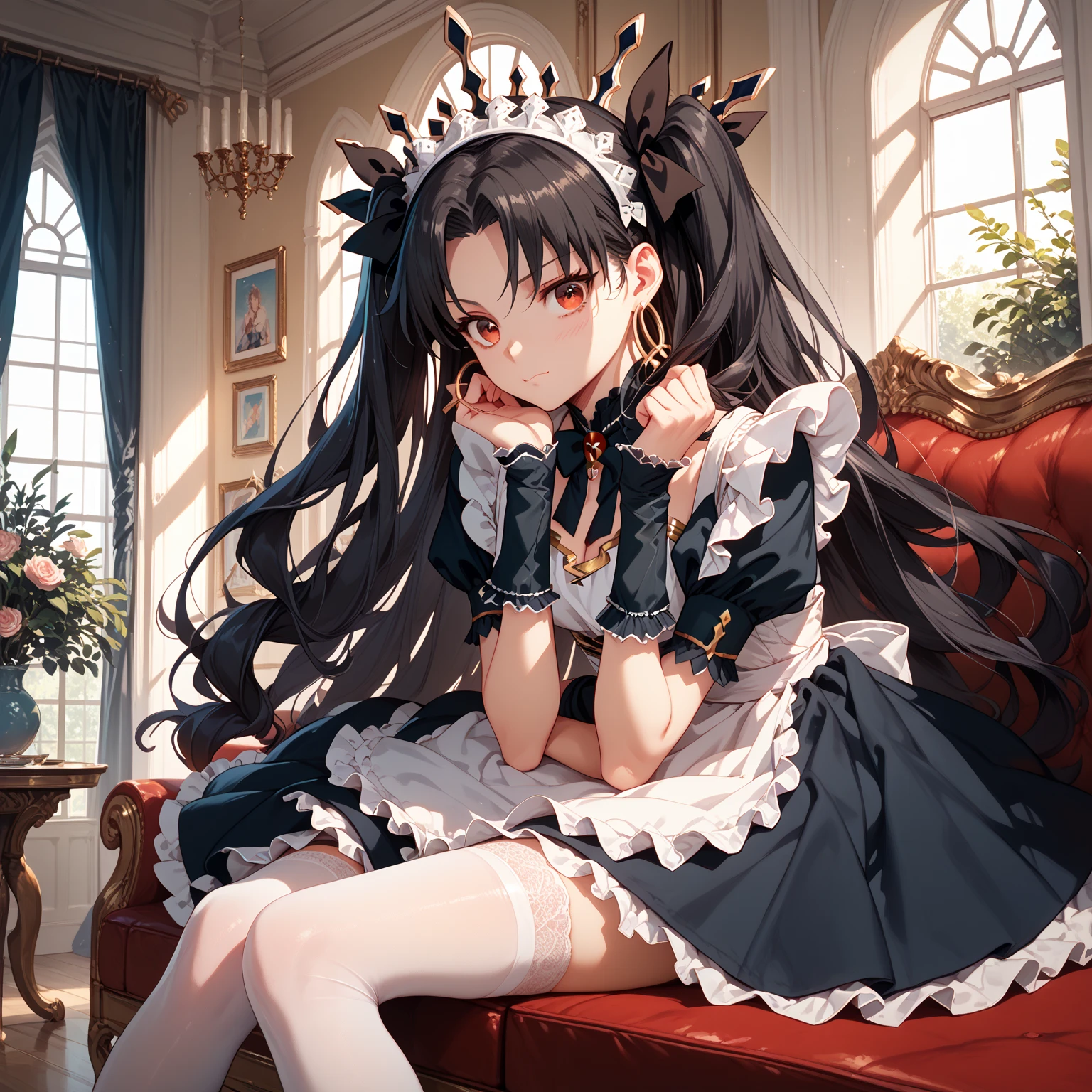 ishtar, red eyes, black hair, long hair, two side up, parted bangs, black ribbon, hair ribbon, tiara, hoop earrings, Maid cosplay, Hairband, maid thighhighs, Sit, Room, Displeased face, Beautiful view, good atmosphere