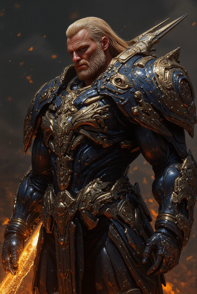 A 50-something male with golden hair with very light, platinum highlights, very short on the sides but long on top like a bob. Striking purple eyes and a bold, manly smirk with his lips. He is dressed in power armor (shiny blackish electric blue) adorned with gold accents and intricate detailing. The armor covers his entire torso, arms, and shoulders, featuring large, ornate shoulder pads and a detailed breastplate. The armor has a heavy, metallic carbon fiber quality to it. He holds a very thick, large, ornate, chain-like bladed sword-like firearm as edge detail. The background is a very hazy, yet detail-revealing impressionistic scene of orange sparks and flames, suggesting a fiery or volcanic environment. The style is hyper-realistic, with high level of detail on the character's armor and face. Focus on expressing a very strong, serious, and powerful male figure. Use rich, deep colors of gray, gold, and orange. Lighting should be dramatic and highlight the textures of the armor. Emphasis on the intricate details and designs of the armor and weapon.