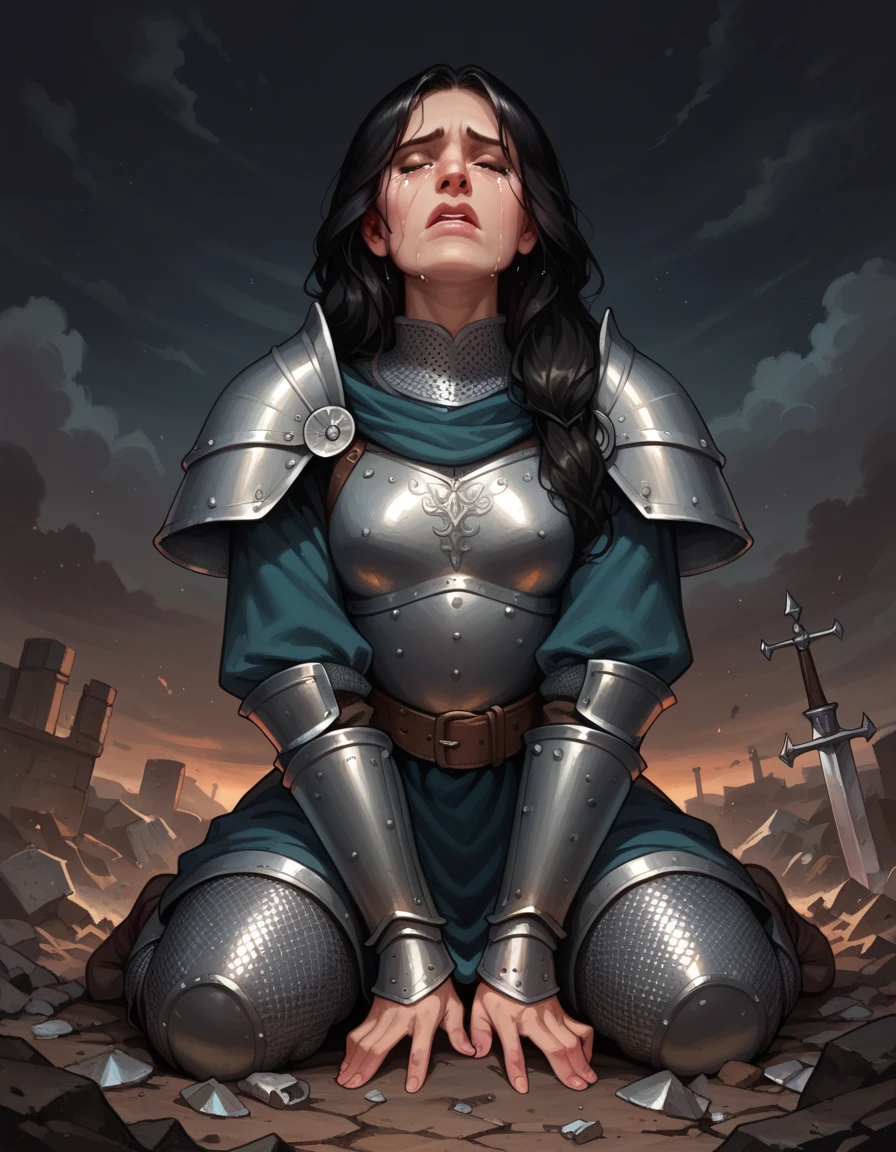 score_9, score_8_up, score_7_up, cartoon of a girl, solo, eyes closed, black hair, long hair, small breast, medieval armour, chainmail, kneeling, crying, ground, on a pile of rubble, front view, moody and gritty, dramatic scene, (dark sky:1.3), (dark background)