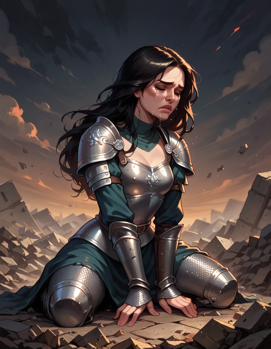 score_9, score_8_up, score_7_up, cartoon of a girl, solo, eyes closed, black hair, long hair, small breast, medieval armour, chainmail, kneeling, crying, ground, on a pile of rubble, front view, moody and gritty, dramatic scene, (dark sky:1.3), (dark background)