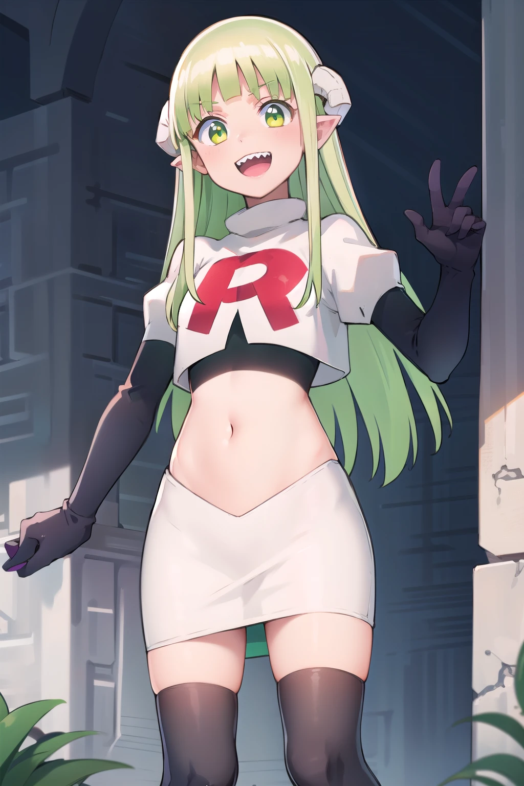 best quality, masterpiece, detailed,
valac clara,
smile, open mouth, sharp teeth,
green hair, long hair, green eyes, horns, pointy ears,
looking at the viewer, team rocket,team rocket uniform,white skirt,red letter R,crop top,black thigh-highs,black elbow gloves