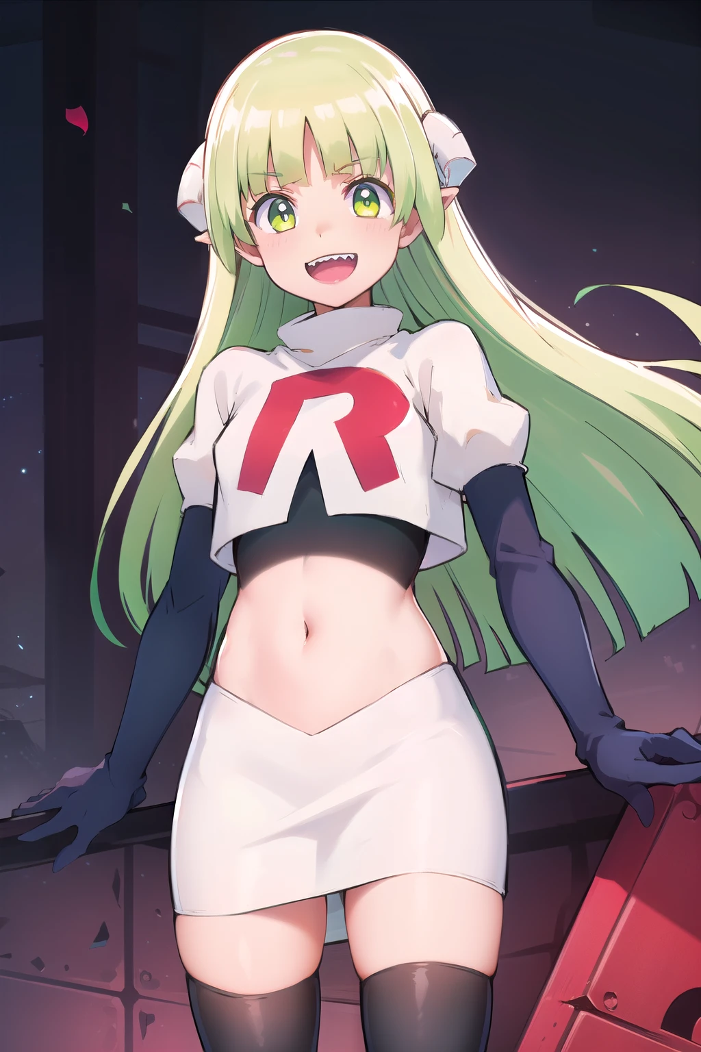 best quality, masterpiece, detailed,
valac clara,
smile, open mouth, sharp teeth,
green hair, long hair, green eyes, horns, pointy ears,
looking at the viewer, team rocket,team rocket uniform,white skirt,red letter R,crop top,black thigh-highs,black elbow gloves