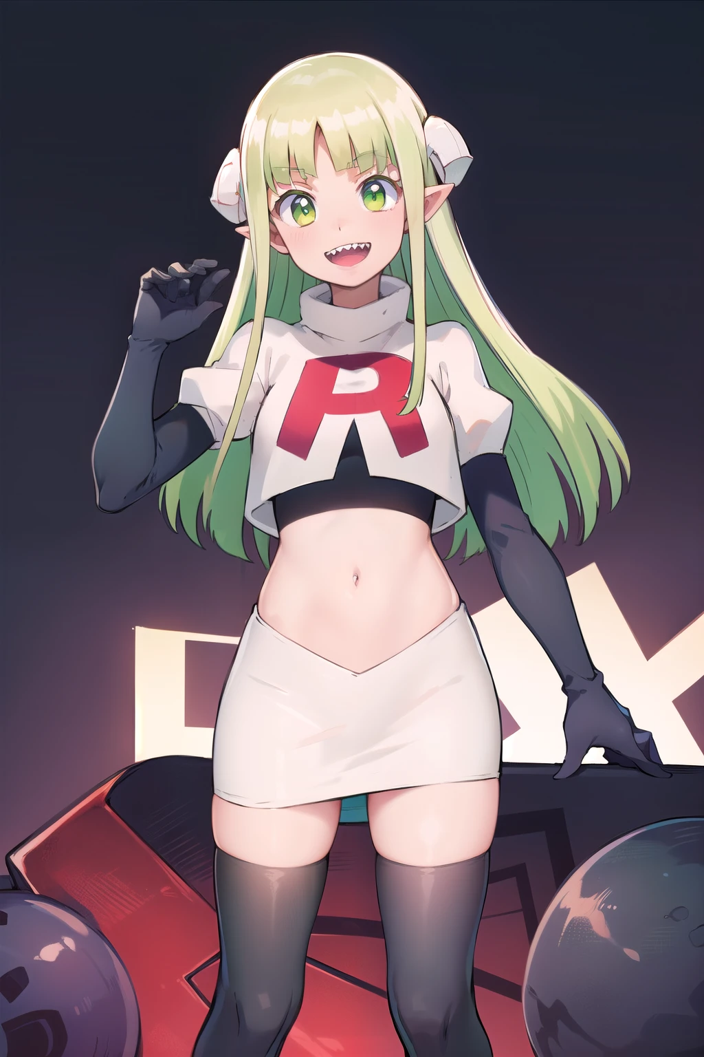 best quality, masterpiece, detailed,
valac clara,
smile, open mouth, sharp teeth,
green hair, long hair, green eyes, horns, pointy ears,
looking at the viewer, team rocket,team rocket uniform,white skirt,red letter R,crop top,black thigh-highs,black elbow gloves