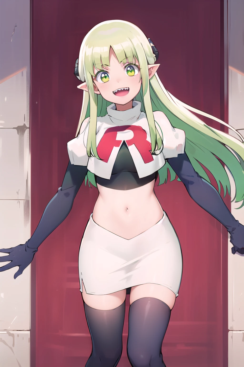 best quality, masterpiece, detailed,
valac clara,
smile, open mouth, sharp teeth,
green hair, long hair, green eyes, horns, pointy ears,
looking at the viewer, team rocket,team rocket uniform,white skirt,red letter R,crop top,black thigh-highs,black elbow gloves