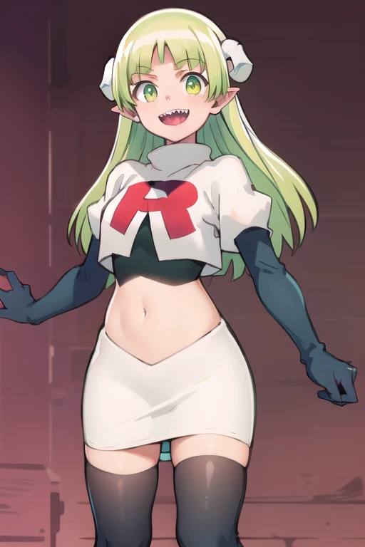 best quality, masterpiece, detailed,
valac clara,
smile, open mouth, sharp teeth,
green hair, long hair, green eyes, horns, pointy ears,
looking at the viewer, team rocket,team rocket uniform,white skirt,red letter R,crop top,black thigh-highs,black elbow gloves