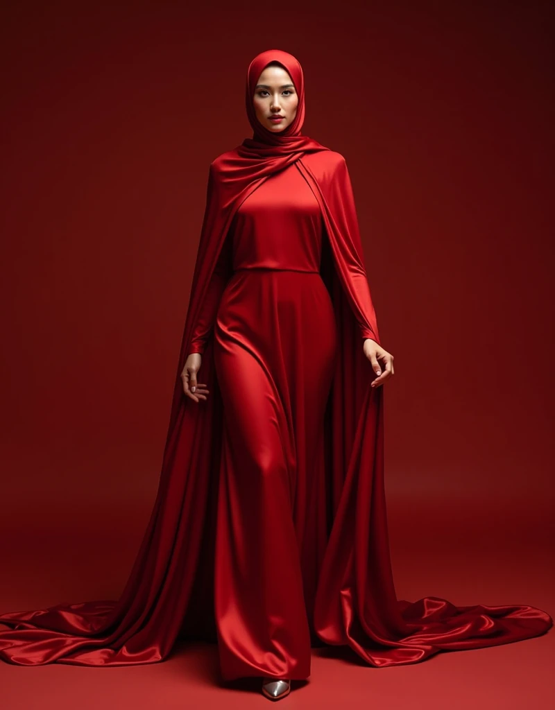 a woman covered in red satin cloth, mummified in satin, tied tight in satin, shape like mermaid gown, tight in leg, wearing a satin hijab, the satin is very long, forming the curve of the body,dramatic flowy satin,strugle to move,full body, wear high heel, strugle to walk, masterpice, flowy satin blow by wind,wear high heel, 4k resolution, ultra-realistic, highly detail, great lightning.