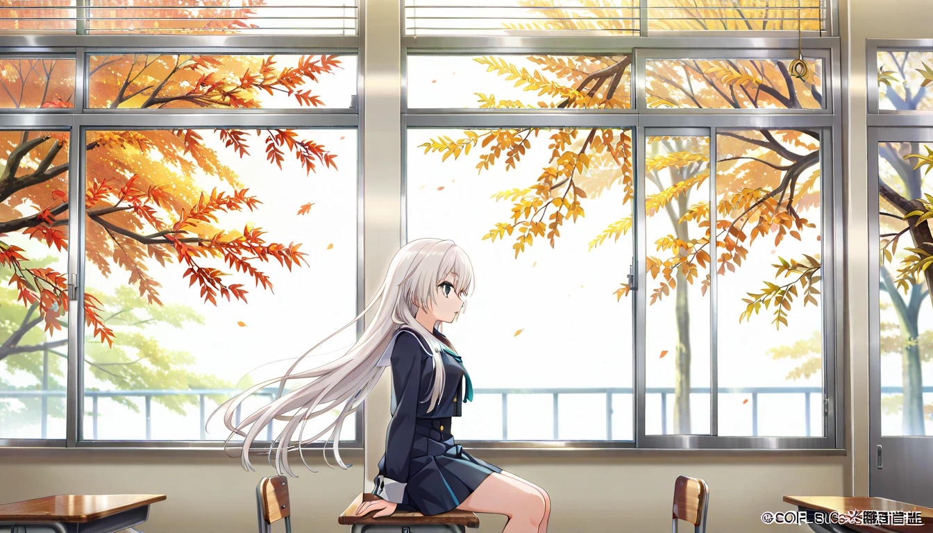 (High quality anime art), (from side, third person perspective), glossy, (Anime girl, white hair, Long hair, Hair flowing in the wind: 0.9, blue eyes, School uniform), (Volumetric lighting, Atmospheric lighting: 1.4, Window, warm lighting), (vibrant color:0.7, Detailed color: 0.9), Autumn day, (sitting on bench, writing on desk, looking to window), detailed indoor bedroom, tidy furniture, and bookshelf, absurdness, 4k, retina, soft line art,