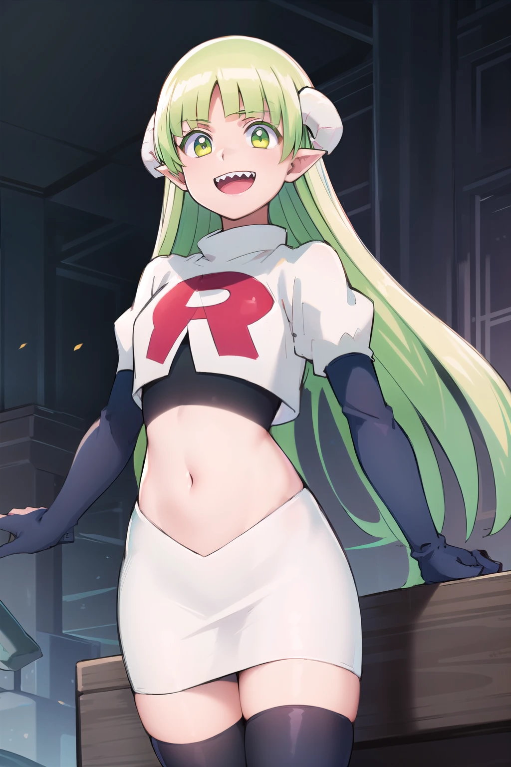 best quality, masterpiece, detailed,
valac clara,
smile, open mouth, sharp teeth,
green hair, long hair, green eyes, horns, pointy ears,
looking at the viewer, team rocket,team rocket uniform,white skirt,red letter R,crop top,black thigh-highs,black elbow gloves