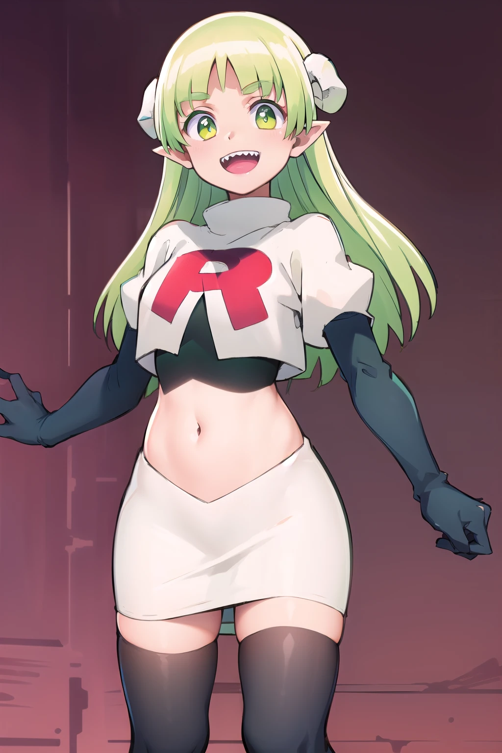 best quality, masterpiece, detailed,
valac clara,
smile, open mouth, sharp teeth,
green hair, long hair, green eyes, horns, pointy ears,
looking at the viewer, team rocket,team rocket uniform,white skirt,red letter R,crop top,black thigh-highs,black elbow gloves