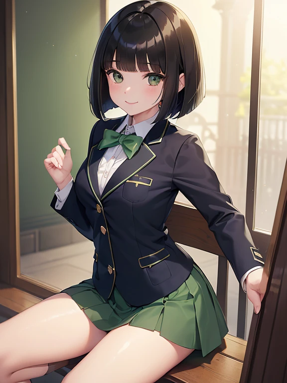 (masterpiece:1.2),  top quality  ,shape,BEAUTIFUL DETAILED YOUTH  ，  short ，  girl   (blazer uniform， skirt :1.3)  ( I'm wearing a deep green super cub:1.2)，Straddle， (smile:1.0),,(  beautiful brown eyes、Sparkling Eyes、  very beautiful eyes ),( Shiny black hair :1.0),(  bob cut :1.2),(  split bangs :1.3),,  cowboy shot， girl &#39;lure，