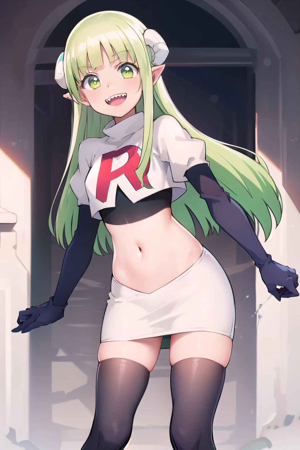 best quality, masterpiece, detailed,
valac clara,
smile, open mouth, sharp teeth,
green hair, long hair, green eyes, horns, pointy ears,
looking at the viewer, team rocket,team rocket uniform,white skirt,red letter R,crop top,black thigh-highs,black elbow gloves