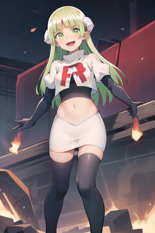 best quality, masterpiece, detailed,
valac clara,
smile, open mouth, sharp teeth,
green hair, long hair, green eyes, horns, pointy ears,
looking at the viewer, team rocket,team rocket uniform,white skirt,red letter R,crop top,black thigh-highs,black elbow gloves