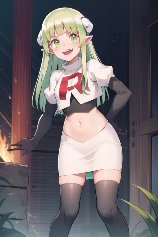 best quality, masterpiece, detailed,
valac clara,
smile, open mouth, sharp teeth,
green hair, long hair, green eyes, horns, pointy ears,
looking at the viewer, team rocket,team rocket uniform,white skirt,red letter R,crop top,black thigh-highs,black elbow gloves