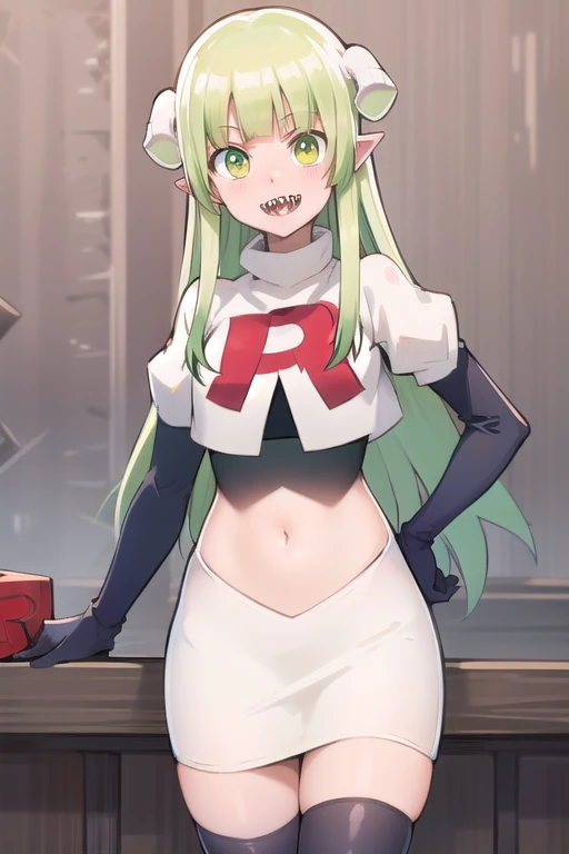 best quality, masterpiece, detailed,
valac clara,
smile, open mouth, sharp teeth,
green hair, long hair, green eyes, horns, pointy ears,
looking at the viewer, team rocket,team rocket uniform,white skirt,red letter R,crop top,black thigh-highs,black elbow gloves