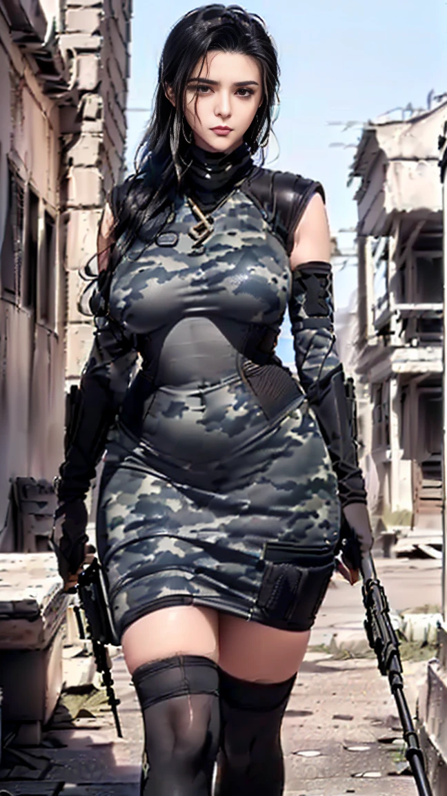woman, white longbob haircut, Military camouflage Uniform, big breast, blue eyes,Green Camouflage trousers, black boots, standing in the Command Room