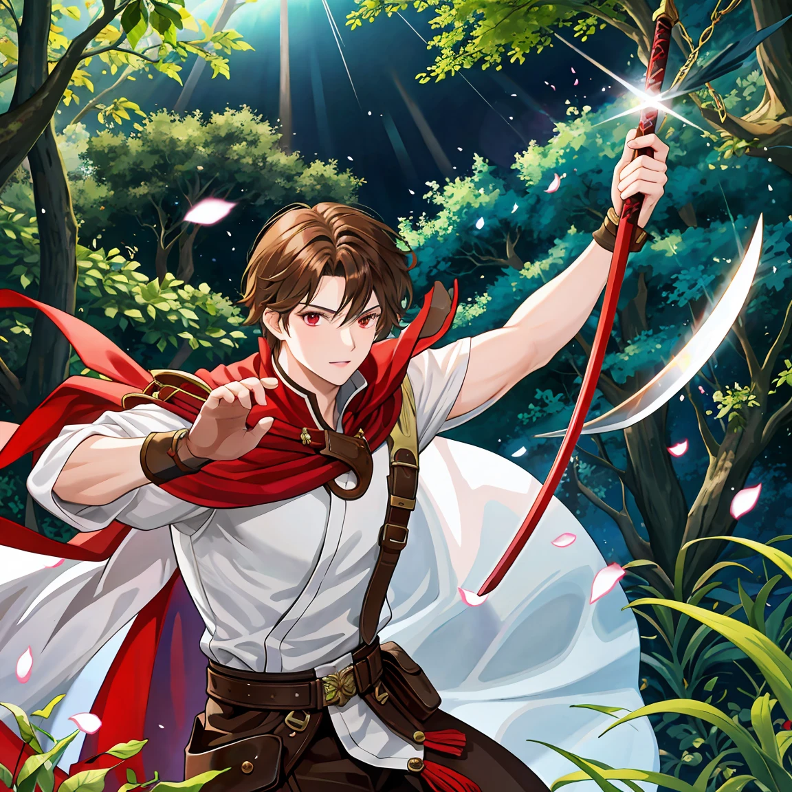 Red eyed  , The brown-haired knight man is swinging in the woods with a sword