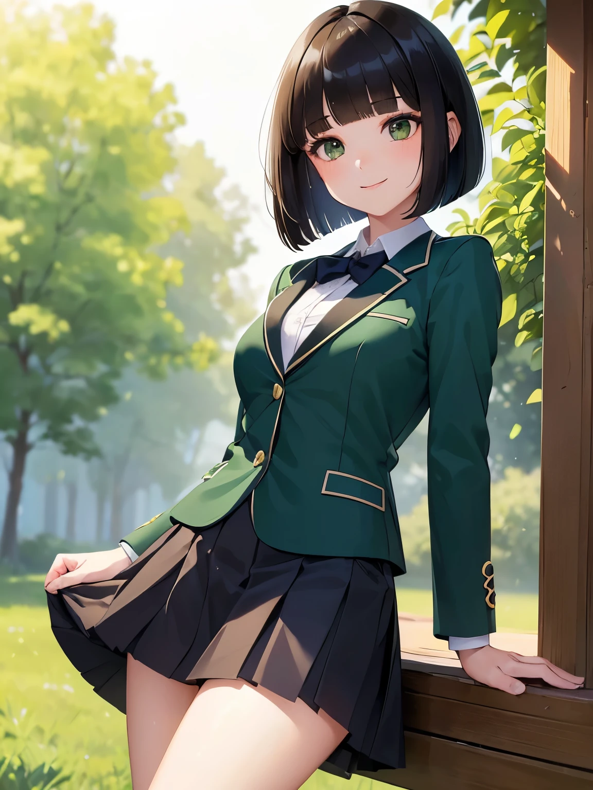 (masterpiece:1.2),  top quality  ,shape,BEAUTIFUL DETAILED YOUTH  ，  short ，  girl   (blazer uniform， skirt :1.3)  ( I'm wearing a deep green super cub:1.2)，Straddle， (smile:1.0),,(  beautiful brown eyes、Sparkling Eyes、  very beautiful eyes ),( Shiny black hair :1.0),(  bob cut :1.2),(  split bangs :1.3),,  cowboy shot， girl &#39;lure，