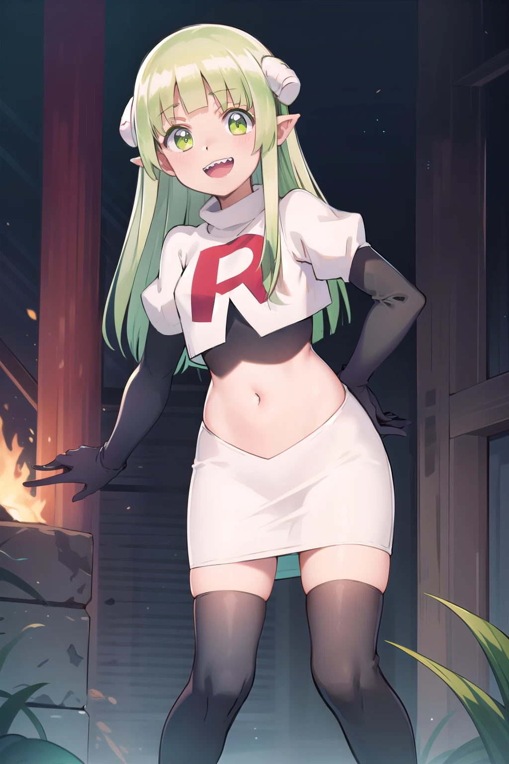 best quality, masterpiece, detailed,
valac clara,
smile, open mouth, sharp teeth,
green hair, long hair, green eyes, horns, pointy ears,
looking at the viewer, team rocket,team rocket uniform,white skirt,red letter R,crop top,black thigh-highs,black elbow gloves