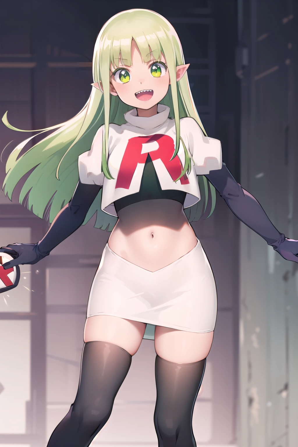 best quality, masterpiece, detailed,
valac clara,
smile, open mouth, sharp teeth,
green hair, long hair, green eyes, horns, pointy ears,
looking at the viewer, team rocket,team rocket uniform,white skirt,red letter R,crop top,black thigh-highs,black elbow gloves