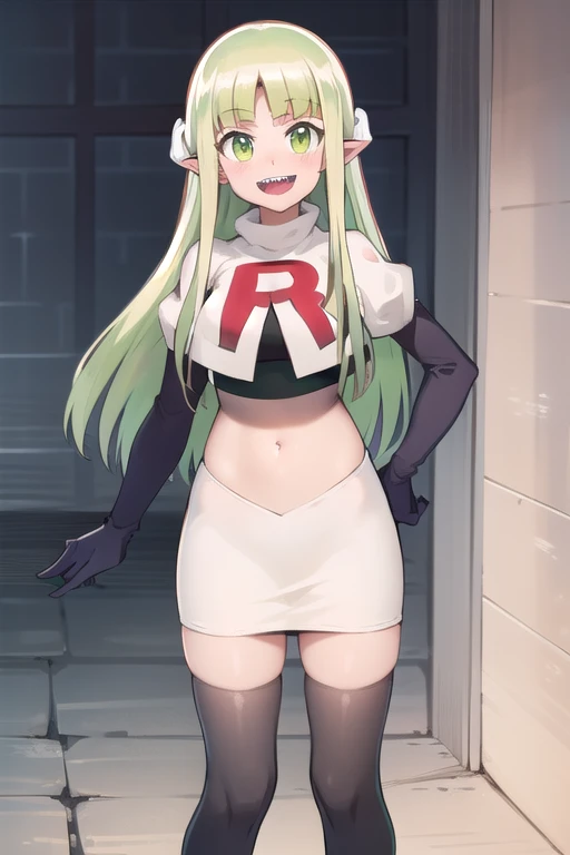 best quality, masterpiece, detailed,
valac clara,
smile, open mouth, sharp teeth,
green hair, long hair, green eyes, horns, pointy ears,
looking at the viewer, team rocket,team rocket uniform,white skirt,red letter R,crop top,black thigh-highs,black elbow gloves