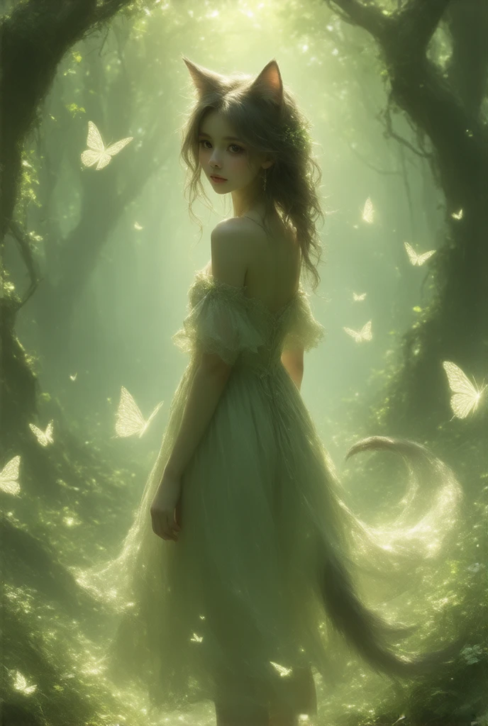 a beautiful delicate girl with cat ears and a tail, detailed face with big eyes, small nose and lips, long eyelashes, wearing a cute dress, standing in a magical fantasy forest, sunlight filtering through the trees, colorful flowers and glowing butterflies, intricate detailed background, 8k, detailed digital art, cinematic lighting, warm color tones, highly detailed, photorealistic