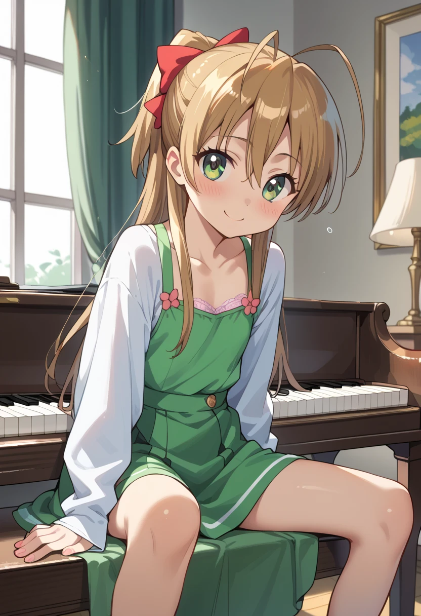 (( top quality )), ((masterpiece)), (be familiar with), perfect face, indoor, bedroom,  watching viewers,
One woman, Miyamoto Rei,
開いた口,  ecstatic expression beside the piano, blush, smile,
 small ,  flat chest, Young girl, Lori,  ****,  girl,
 long hair,  ponytail,
Leg spread,