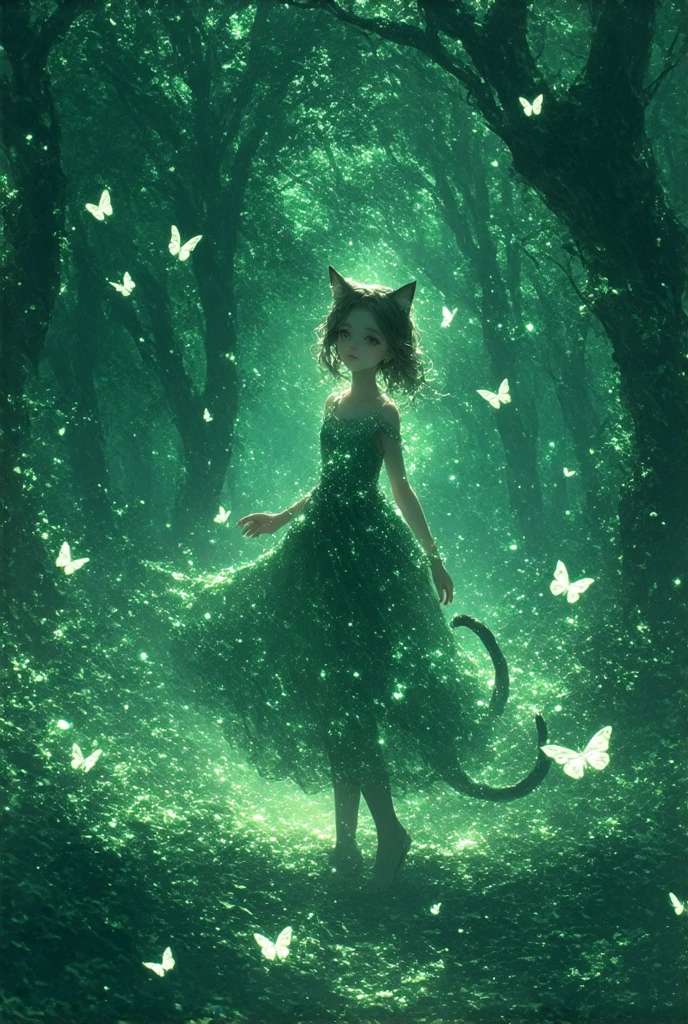 a beautiful delicate girl with cat ears and a tail, detailed face with big eyes, small nose and lips, long eyelashes, wearing a cute dress, standing in a magical fantasy forest, sunlight filtering through the trees, colorful flowers and glowing butterflies, intricate detailed background, 8k, detailed digital art, cinematic lighting, warm color tones, highly detailed, photorealistic