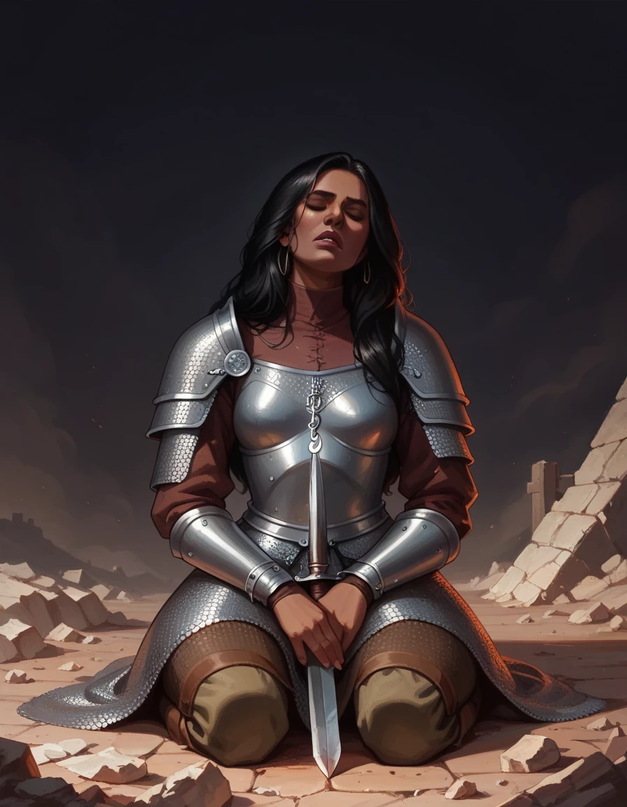 a female warrior, solo, eyes closed, black hair, long hair, small breast, medieval armour, chainmail, kneeling, mourning to the sky, ground, on a pile of rubble, front view, moody and gritty, dramatic scene, (dark sky:1.3), (dark background)