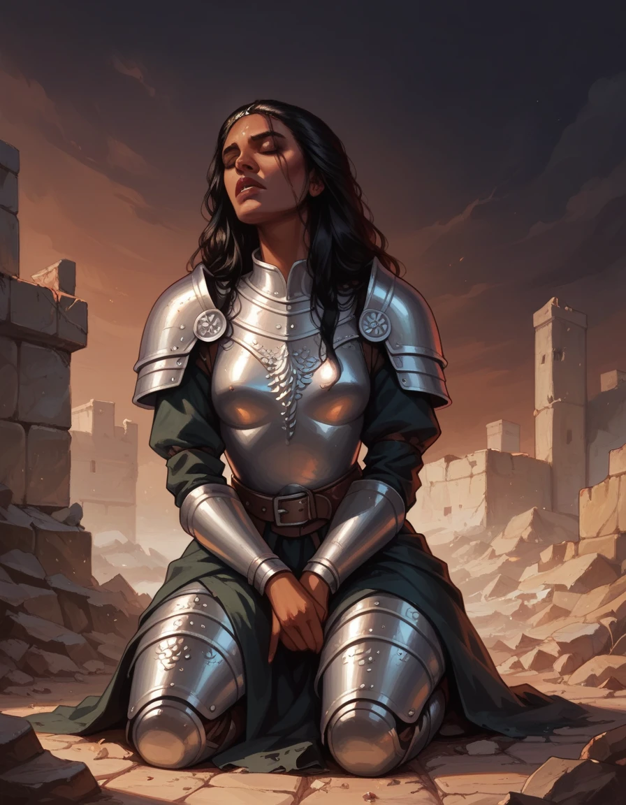 a female warrior, solo, eyes closed, black hair, long hair, small breast, medieval armour, chainmail, kneeling, mourning to the sky, ground, on a pile of rubble, front view, moody and gritty, dramatic scene, (dark sky:1.3), (dark background)