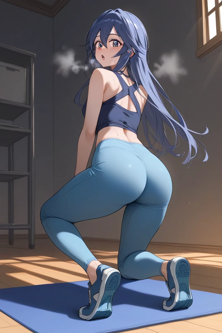     score_9,    score_8_ up,    score_7_ up,Anime_     screen capture,     Source_Anime,  1 girl,(_Tsubasa),（  Senki Zesshou Symphogear    ,Kazanari Tsubasa 1  :5),  Source_  anime break 1 girl,  Lucina ,  dark blue tank top ,  blue yoga pants , Blue shoes,  hands on hips ,  open your mouth, Shortness of breath,  sweated,  sexy,  exhausted,  steam coming out of my mouth ,  full body, Sweaty,  sexy af, Hot Ass,  sexy ass,  sexy curves,  watching viewers