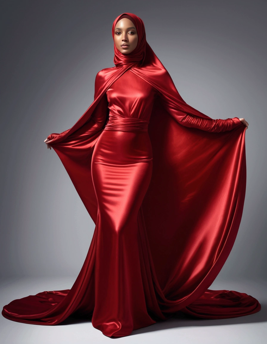 Captivating, elegant woman is engendered in a cascade of four-meter-long, ruby-red, plush satin fabric. The material clings tightly to her figure, spreading out into a pooled train at her feet, mimicking a mermaid's tail. A satin hijab cloaks her head, in kitchen, revealing only a hint of her upper body. This full-body portrait radiates a mythical sophistication. Wrapped, eth