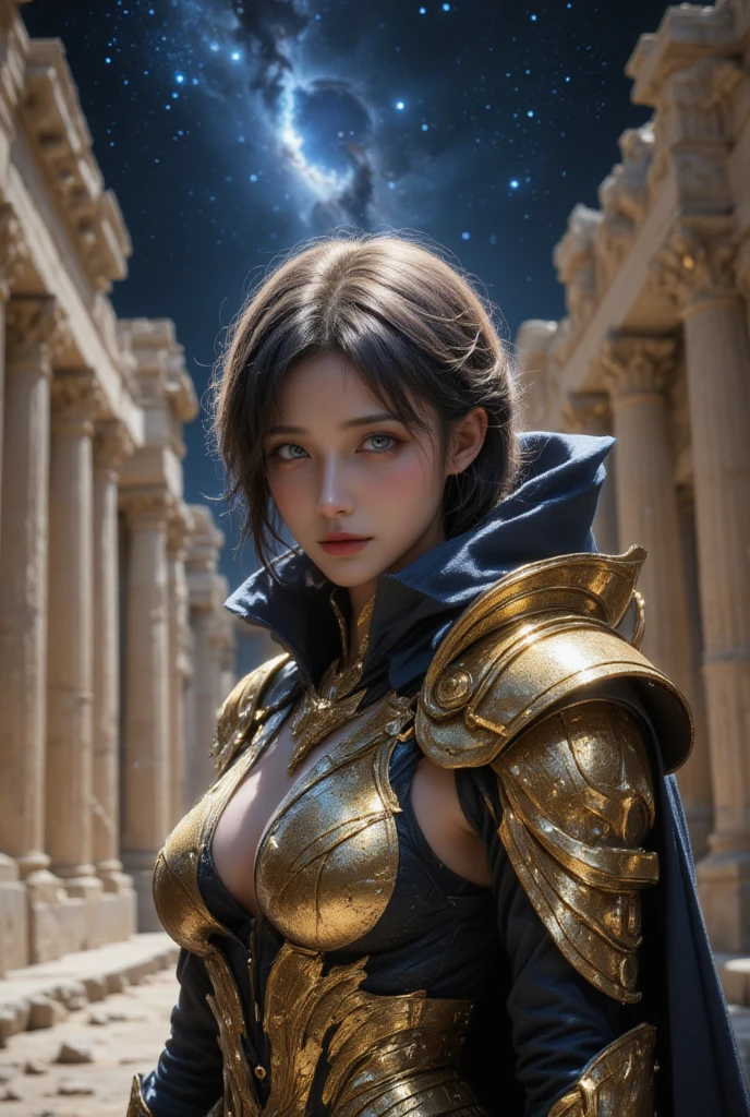 In this ultra-realistic photo shoot, a beautiful Korean girl is captured in a stunning pose amidst ancient Greek ruins. She wears shiny golden metal armor inspired by Saint Seiya, specifically the Cancer armor, which gleams under the night sky. Her short, tousled blue hair and blue eyes complement her sunburned skin, adding to her allure. The armor's shoulder piece dramatically overhangs, and she dons a golden helmet, completing the warrior's ensemble. The background features the ancient Greek architecture and the Milky Way, creating a breathtaking backdrop for this high-resolution, 8k masterpiece. Every detail, from the intricate armor to the girl's beautiful face, is meticulously rendered, showcasing the photographer's skill in capturing both the character's strength and beauty.