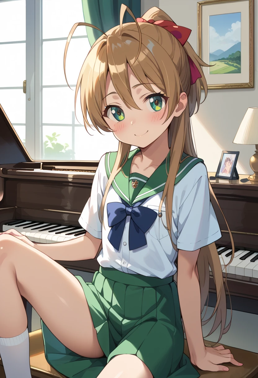 (( top quality )), ((masterpiece)), (be familiar with), perfect face, indoor, bedroom,  watching viewers,
One woman, Miyamoto Rei,
開いた口,  ecstatic expression beside the piano, blush, smile,
 small ,  flat chest, Young girl, Lori,  ,  girl,
 long hair,  ponytail,
Leg spread,