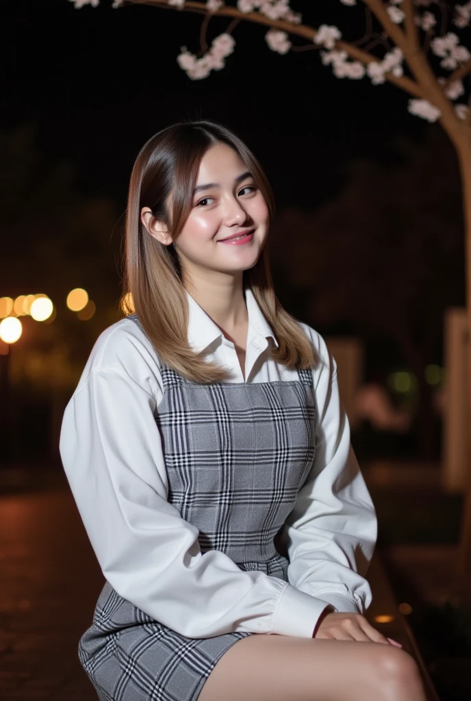 Night time,Dark,  young woman, gray plaid romper, pink brush , 8K, Park, white shirt, wolf hair, Doble layer hair dye, first layer are white, second layer are white, Looking up to see the cherry blossoms, pale solid colour background, cuff, up right pose, static pose, center composition, Sit on the estetic bench,estetic Garden lamp, Flowers, pets, others people,smile