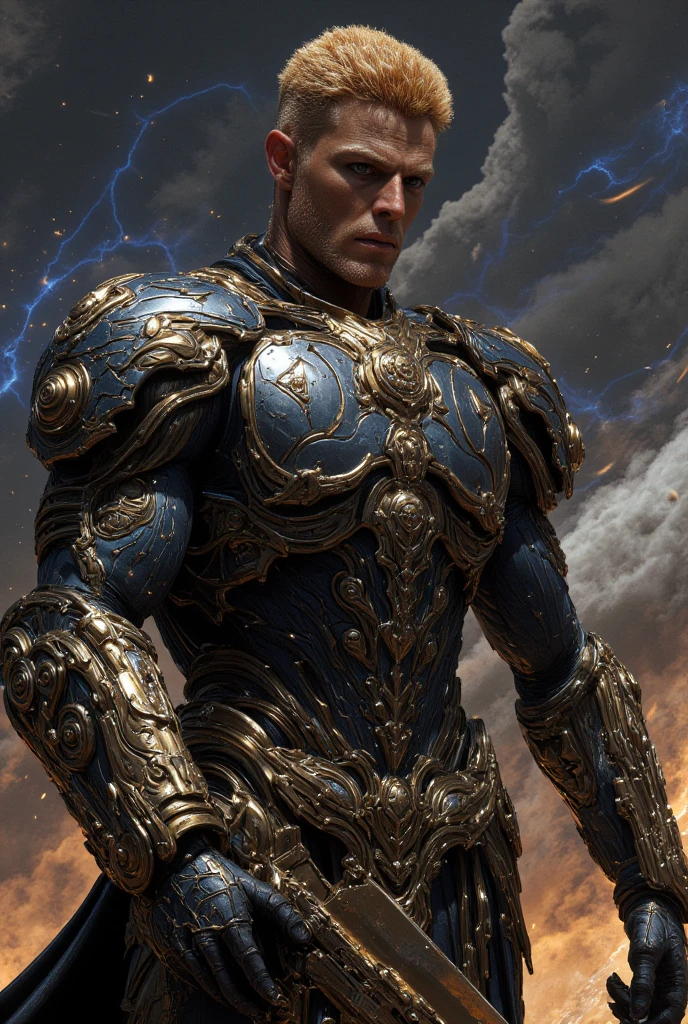 A 50-something male with golden hair with very light and prominent platinum highlights, very short on the sides but long on top like a lock. Striking purple eyes and a bold, manly smirk with his lips. He is dressed in a suit of power armor (shiny blackish electric blue) adorned with golden accents and intricate detailing. The armor covers his entire torso, arms and shoulders, featuring large ornate shoulder pads and a detailed breastplate. The armor has a heavy, metallic carbon fiber quality. He holds a sword-shaped firearm with a very thick and large blade, ornate and graceful carved edge detailing. The background is a very hazy but detailed impressionistic scene of galaxies, sparks and blueish flames, suggesting a fiery environment on an alien planet overlooking outer space. The style is hyper-realistic, with high level of detail on the character's armor and face. Focus on expressing a very strong, serious and powerful male figure. Use rich, deep colors of gray, gold, and orange. Lighting should be dramatic and highlight the textures of the armor. Emphasis on the intricate details and designs of the armor and weapon.