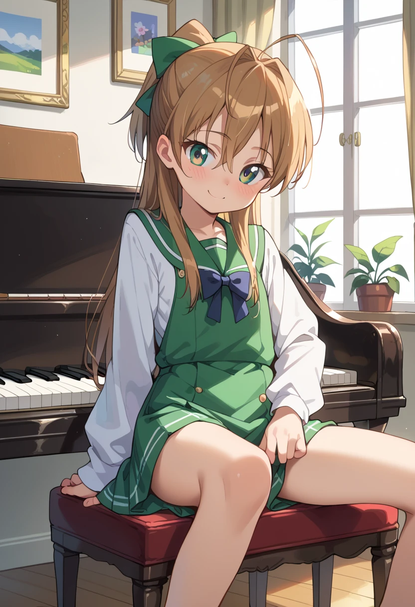 (( top quality )), ((masterpiece)), (be familiar with), perfect face, indoor, bedroom,  watching viewers,
One woman, Miyamoto Rei,
開いた口,  ecstatic expression beside the piano, blush, smile,
 small ,  flat chest, Young girl, Lori,  kids,  girl,
 long hair,  ponytail,
Leg spread,