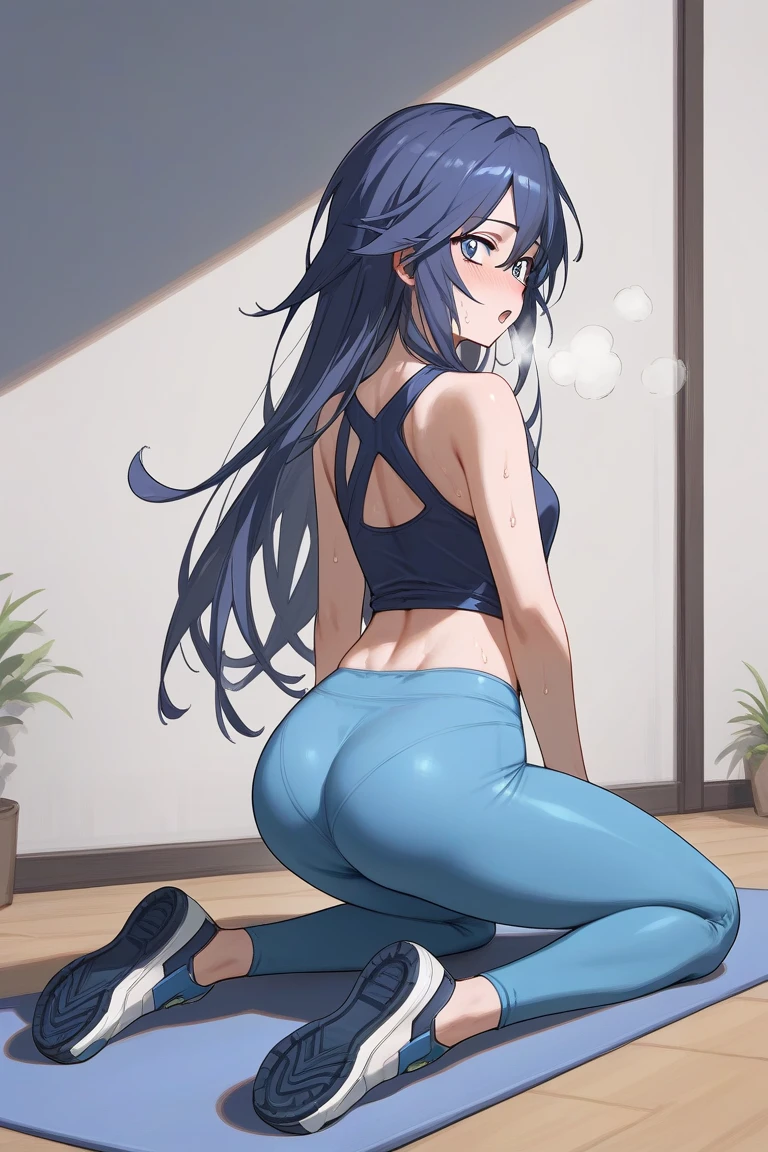     score_9,    score_8_ up,    score_7_ up,Anime_     screen capture,     Source_Anime,  1 girl,(_Tsubasa),（  Senki Zesshou Symphogear    ,Kazanari Tsubasa 1  :5),  Source_  anime break 1 girl,  Lucina ,  dark blue tank top ,  blue yoga pants , Blue shoes,  hands on hips ,  open your mouth, Shortness of breath,  sweated,  sexy,  exhausted,  steam coming out of my mouth ,  full body, Sweaty,  sexy af, Hot Ass,  sexy ass,  sexy curves,  watching viewers