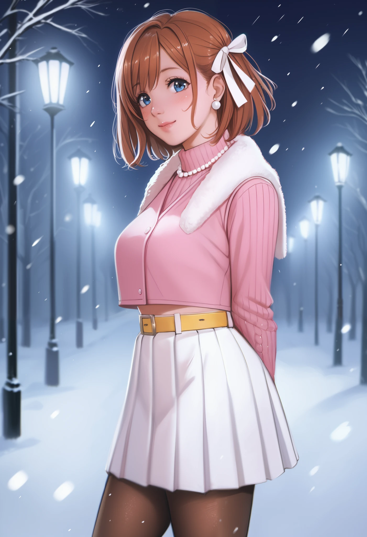 score_9, score_8_up, score_7_up, score_6_up,Shiny skin, kousaka honoka, blue eyes, beautiful, winter clothes, breathing, brown hair, night, snowing, cowboy shot,pink shirt,white open crop vest, arms behind back, Pearl necklace, earrings, white skirt, yellow belt, happy,hair ribbon,p4l0m4, breasts,thighs,web comic,hentai, thighs, closed mouth, pantyhose, from side, looking at viewer